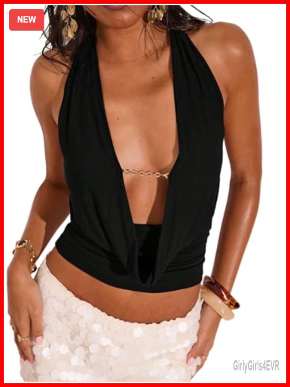 Women's Y2K Sexy Halter Top Deep V Neck Backless Rave Top